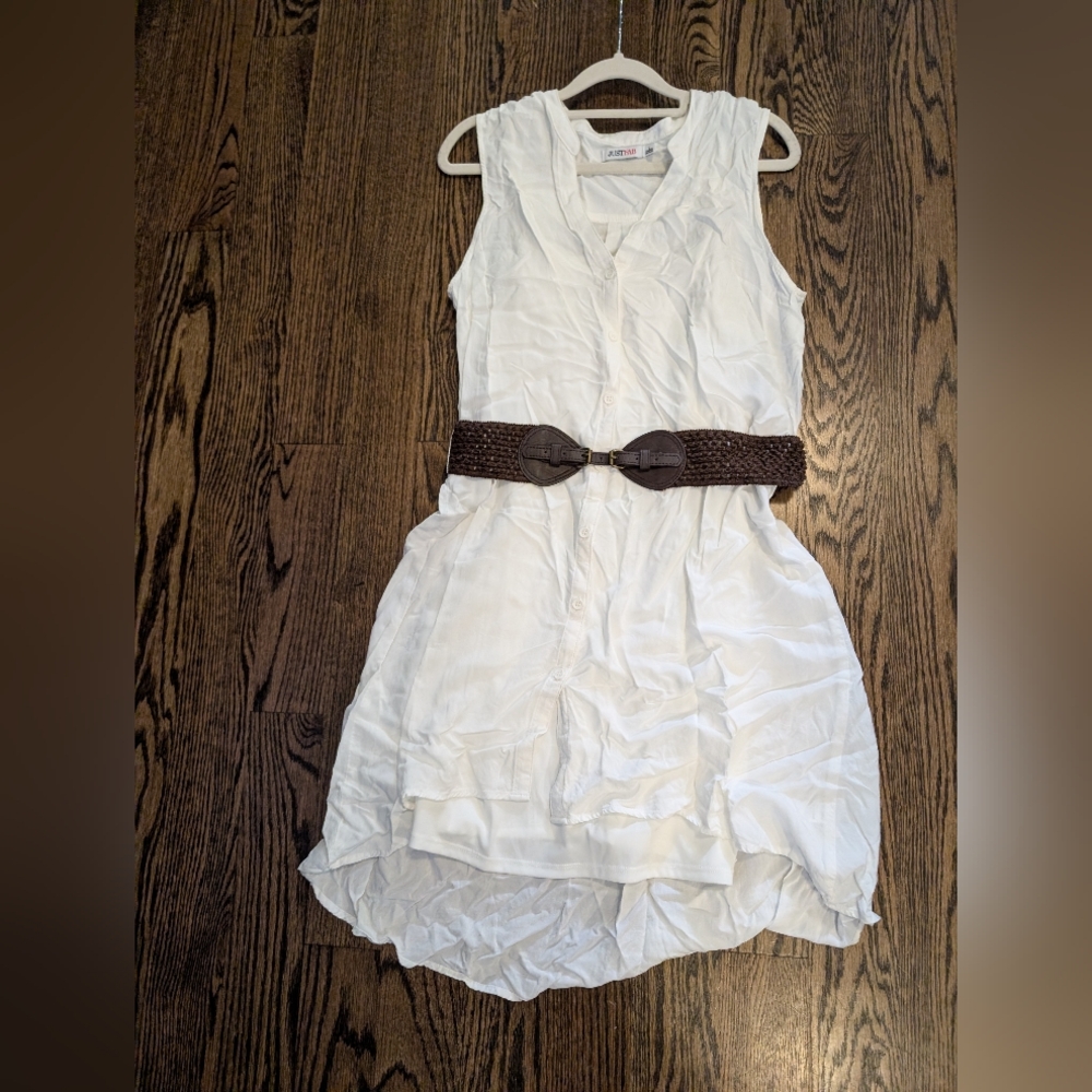 Sleeveless White Dress with Brown Belt